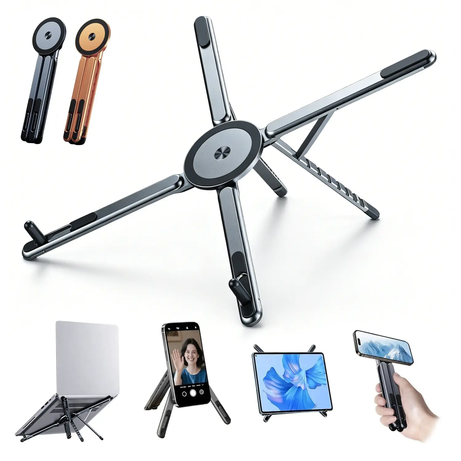 Portable Foldable Laptop Stand for Desk, Foldable Adjustable Computer Riser with Magnetic Phone Holder, 8-Level Height,with 13–17" Laptops & 4–13” Phones/Tablets, Aluminum Construction, Support for Desk, Home & Travel, Laptop Mount