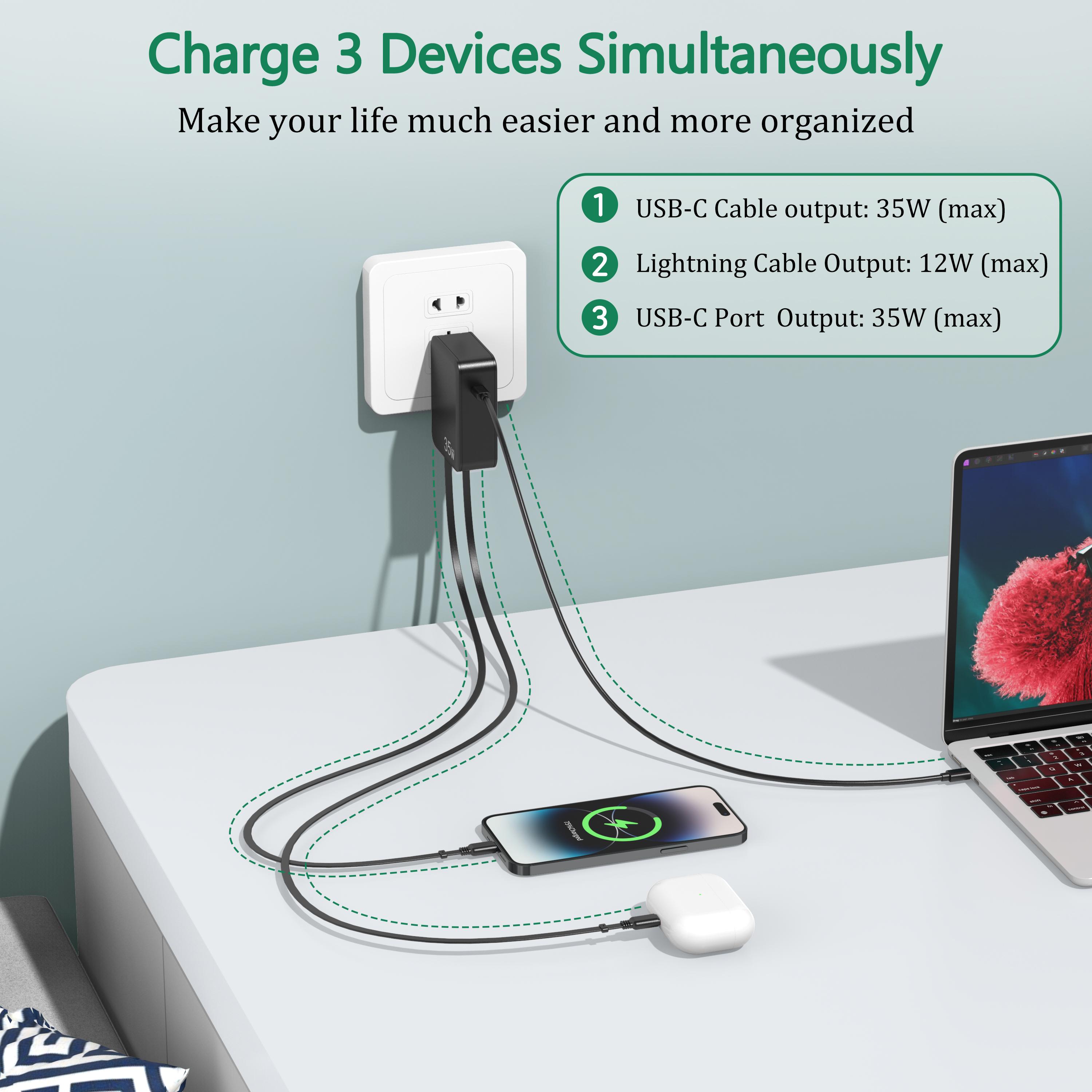 35W Retractable Wall Charger with Dual Cables & 3-Port USB Hub, Fast Charging for iPhone 16/15/14/13/12/11, iPad, Tablets, LG, Samsung & More