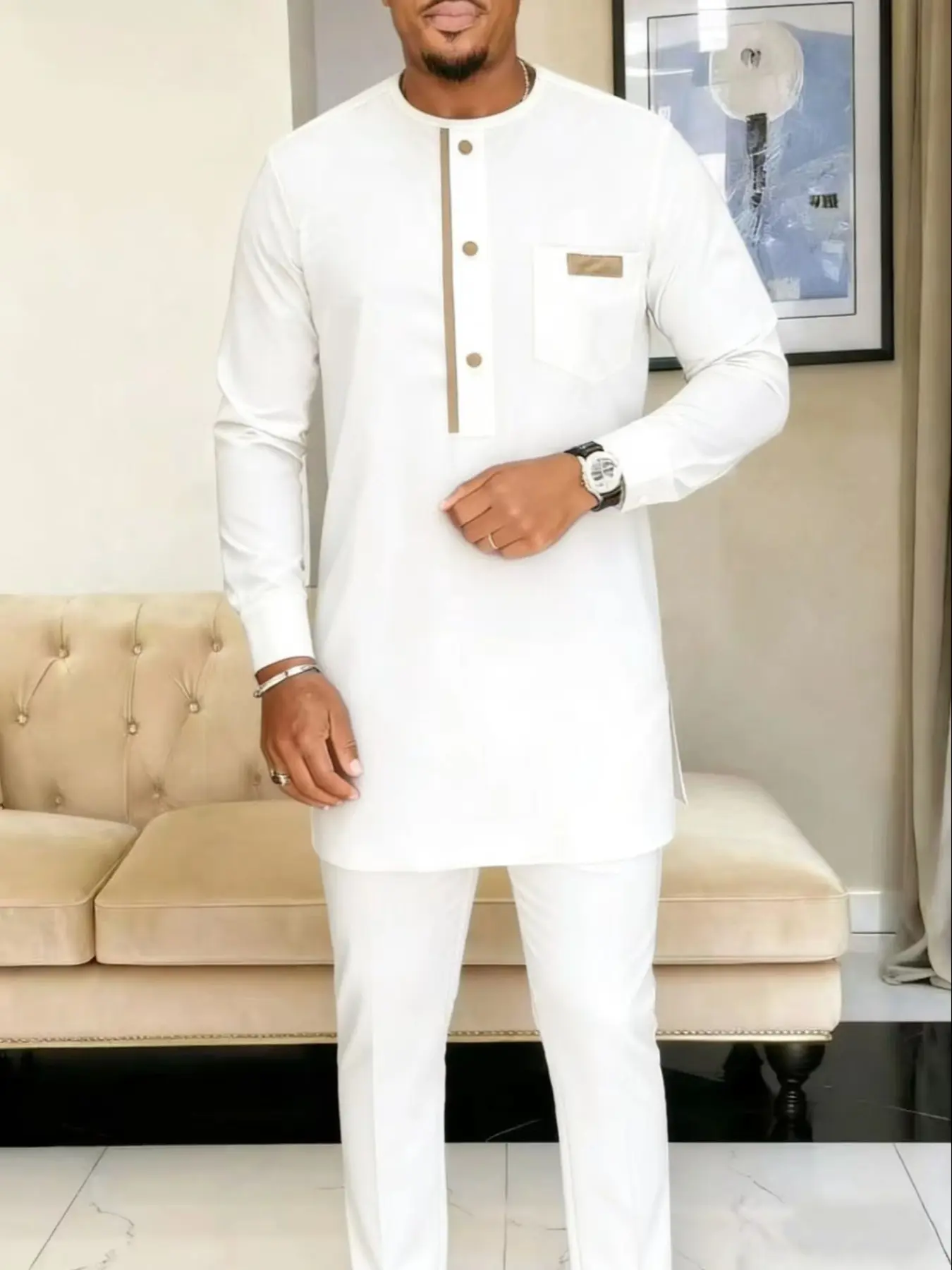 2 piece men's suit Fitted African style kaftan long sleeve round neck patchwork button up shirt and casual pants Muslim men's suit festive, men's traditional cultural clothing for party, wedding, gift giving, business, vacation Outfit