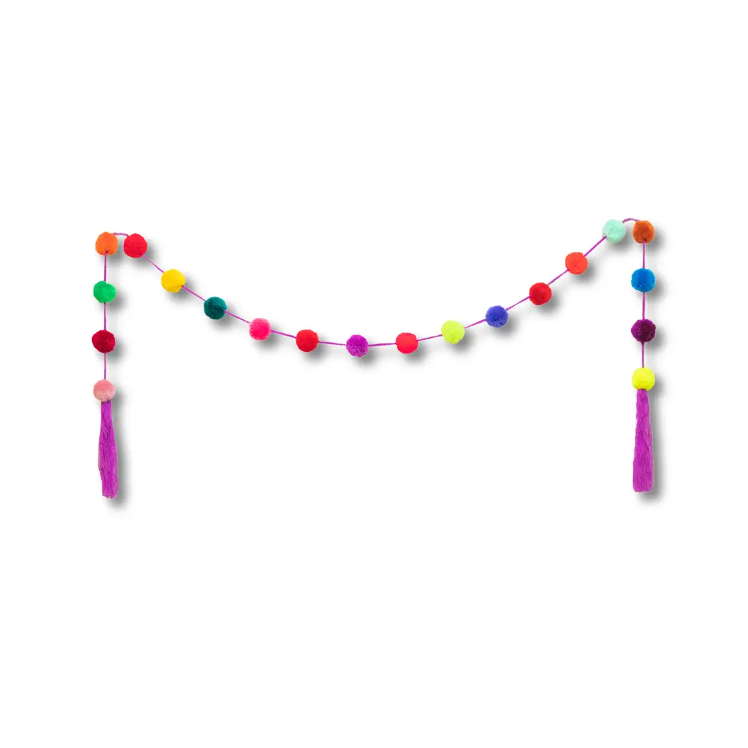 Handmade Mexican Boho Chic Multicolor Pom Pom Garland Decor | Fair Trade Certified, Unique Home Decor Hanging Ornaments Decoration Hangable