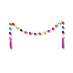 Handmade Mexican Boho Chic Multicolor Pom Pom Garland Decor | Fair Trade Certified, Unique Home Decor Hanging Ornaments Decoration Hangable