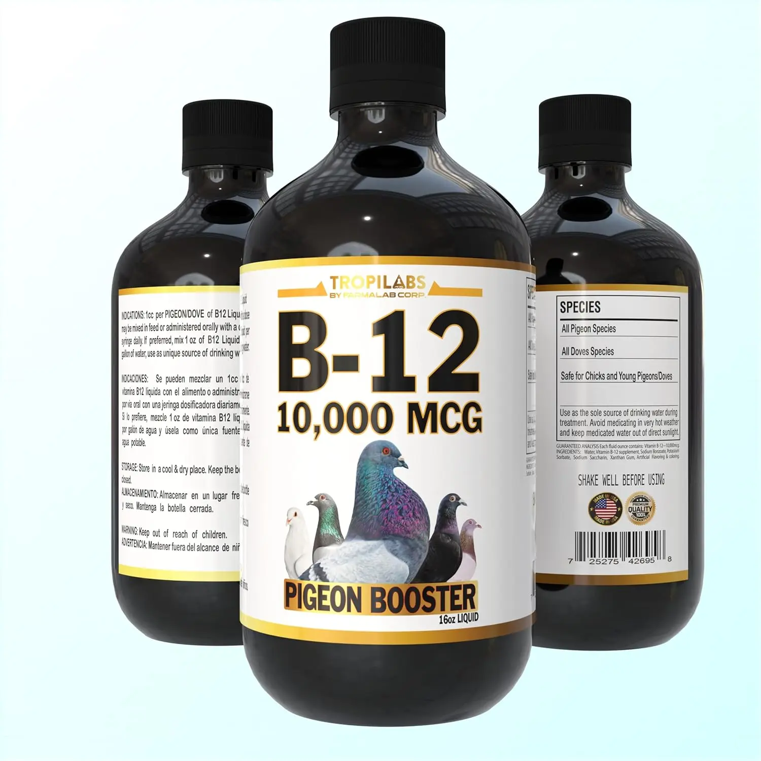 Farmalab Pigeon Immune Booster B12 Liquid Supplement - 10,000 mcg B-12, 16 oz Poultry Water Additive, Potassium Sorbate, 12-Month Shelf Life, USA-Made, 2cc-3cc Per Bird Daily, Vitality & Immunity Boost, Essential Ingredients, Convenient Administration