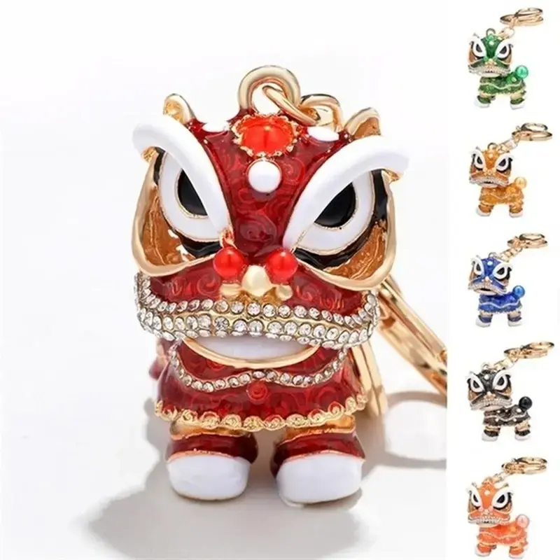 Chinese Style hanging Lion Dance Keychain Ancient Mascot Key Chains Fashion Crystal Animal Keyring Enamel Key Ring