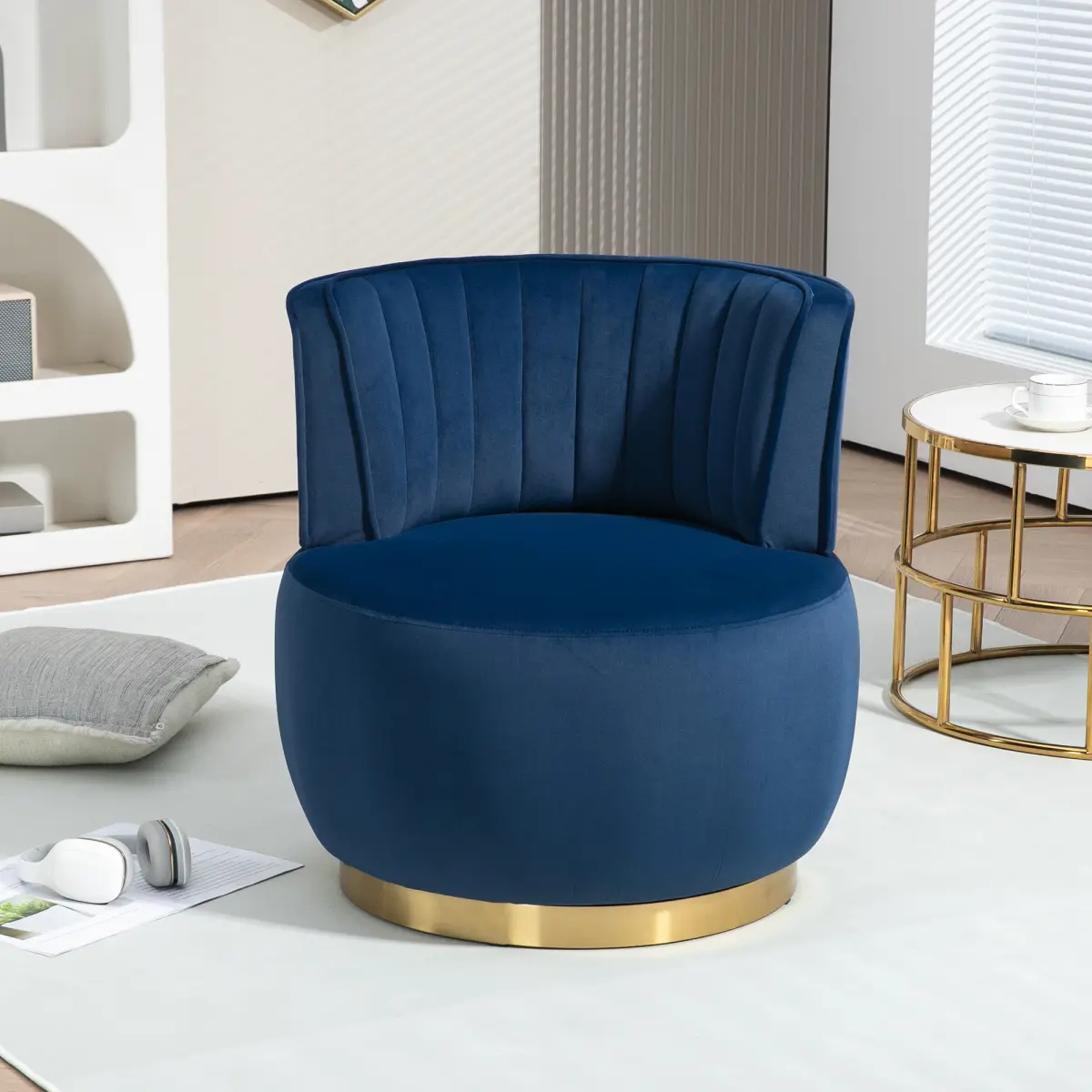 Velvet Swivel Barrel Accent Arm Chair - Cozy Reading Rolling Single Seat Modern Fabric Chair, Round Sherpa Upholstered with Gold Base, 300lb Capacity for Living Room, Nursery