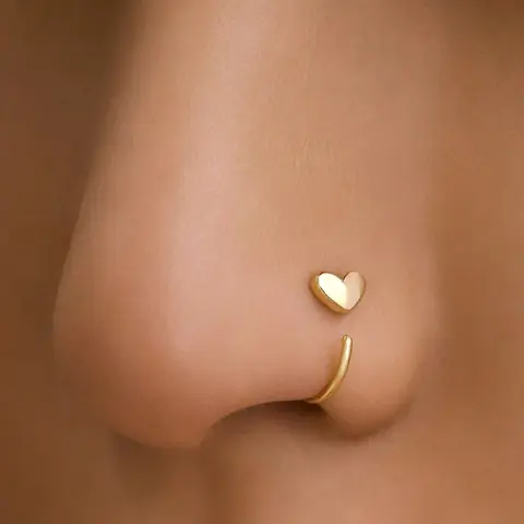 18k Cute Heart-Shaped Nose Ring, 20g C Shaped Love Nostril Jewelry, Small Daily Wear Nose Stud, Women's Fashion Accessory, Body Jewellery, Heart Nose Studs