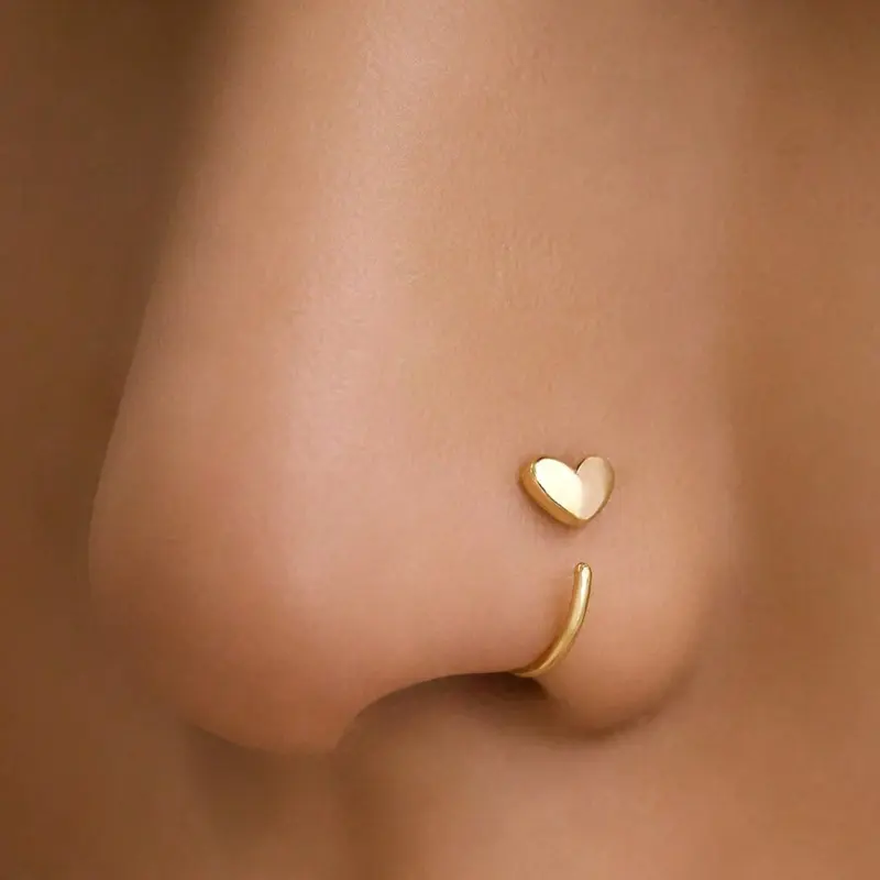 18k Cute Heart-Shaped Nose Ring, 20g C Shaped Love Nostril Jewelry, Small Daily Wear Nose Stud, Women's Fashion Accessory, Body Jewellery, Heart Nose Studs