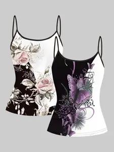 Women's Sleeveless Italian Shoulder Strap Top Set, Slim Fit Casual Floral Digital Print Blouse, All Season Fashion