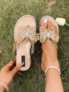 Women's Stylish Flat Sandals with Leaf Design, Casual Summer Flip Flops with Rhinestones and Bow, Comfortable and Breathable Everyday Footwear