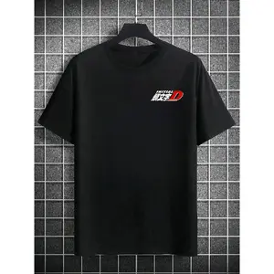 Men'S Casual Short Sleeve T-Shirt - Initial D Graphic, Black with White & Red Design, Lightweight Polyester, Round Neck, Perfect for Outdoor Activities & Casual Attire, Casual Summer Wear| Dynamic Graphic Tee| Durable Casualwear