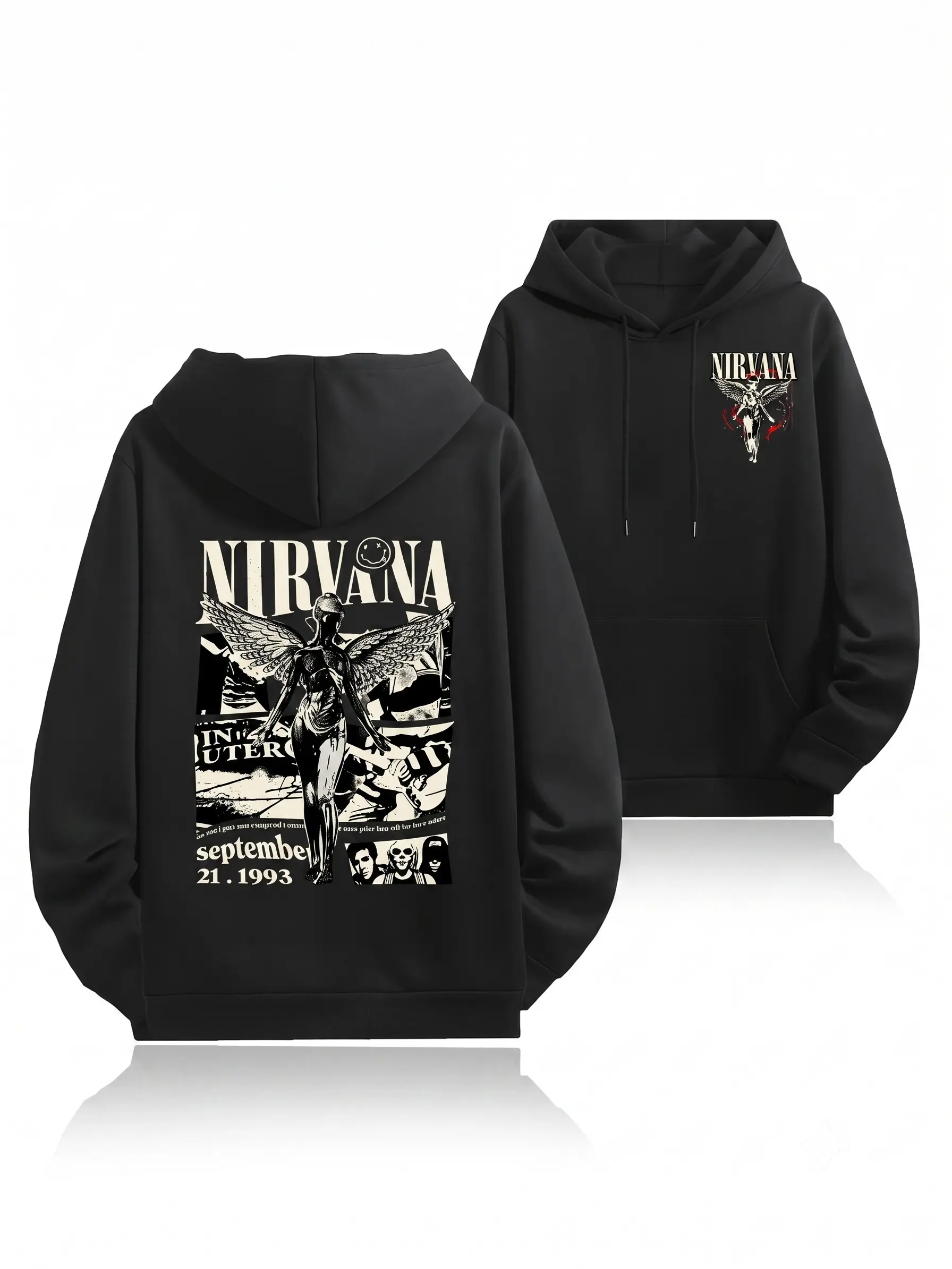 Men's Nirvana In Utero Retro Band Graphic Hoodie - Grunge Rock Vibe, Menswear Sweatshirts, Perfect for Autumn & Winter, Ideal for Concert Outings Cotton Loose Midi Natural