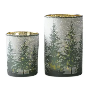Melrose 90384DS Glass Candle Holder Set of 2 - 5 in. and 7 in., Green, Grey, Gold