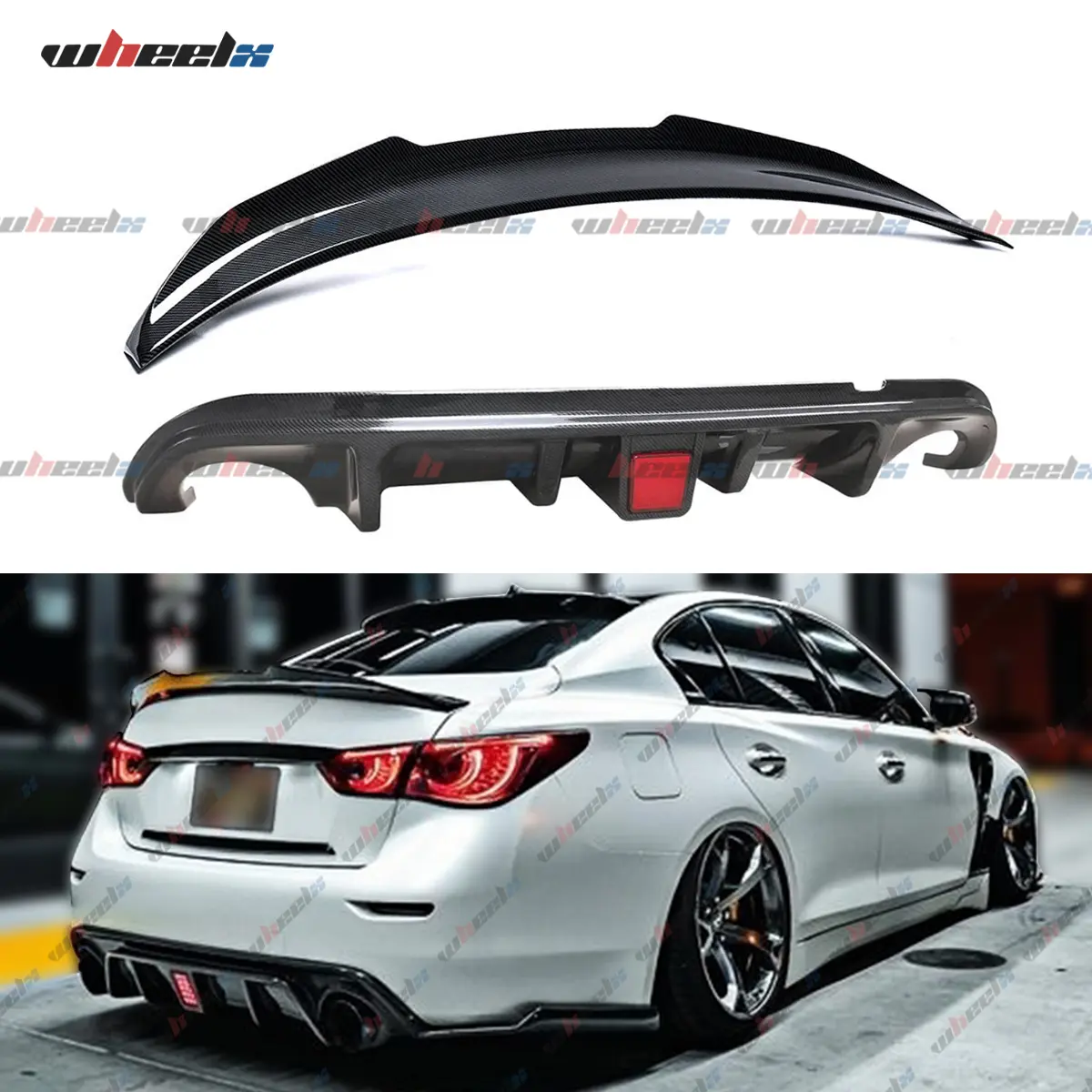 2014-2024 Infiniti Q50 - Rear Bumper Lip Diffuser with LED Brake Light - 2-Piece Kit , PSM-Style Trunk Spoiler, 2-Piece Kit