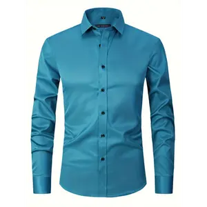 Men's Long Sleeve Button Up Shirt, Slim Fit Shirt, Long Sleeve Dress Shirt Cotton Top Casual Black Formal Collar Menswear Hem Stretch Collared