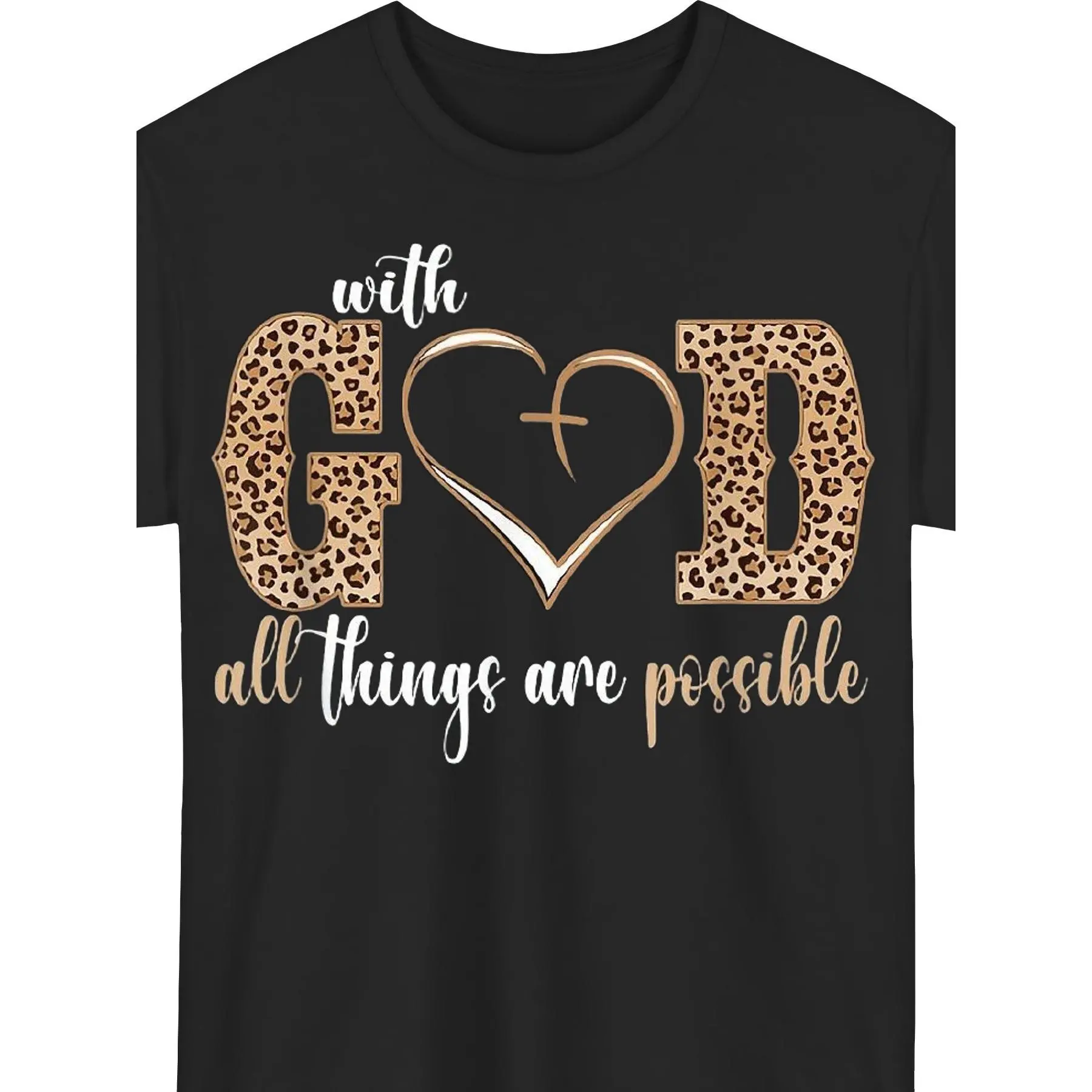 Women's Faith T-shirt, Printed with the Bible Verse "Be Still and Rest in God, for Everything Is Possible." |   Black and Golden Glitter Lettering, Leopard Print and Smooth Hem, Comfortable Round Neck, Short Sleeves, Casual Style, PLUS SIZE
