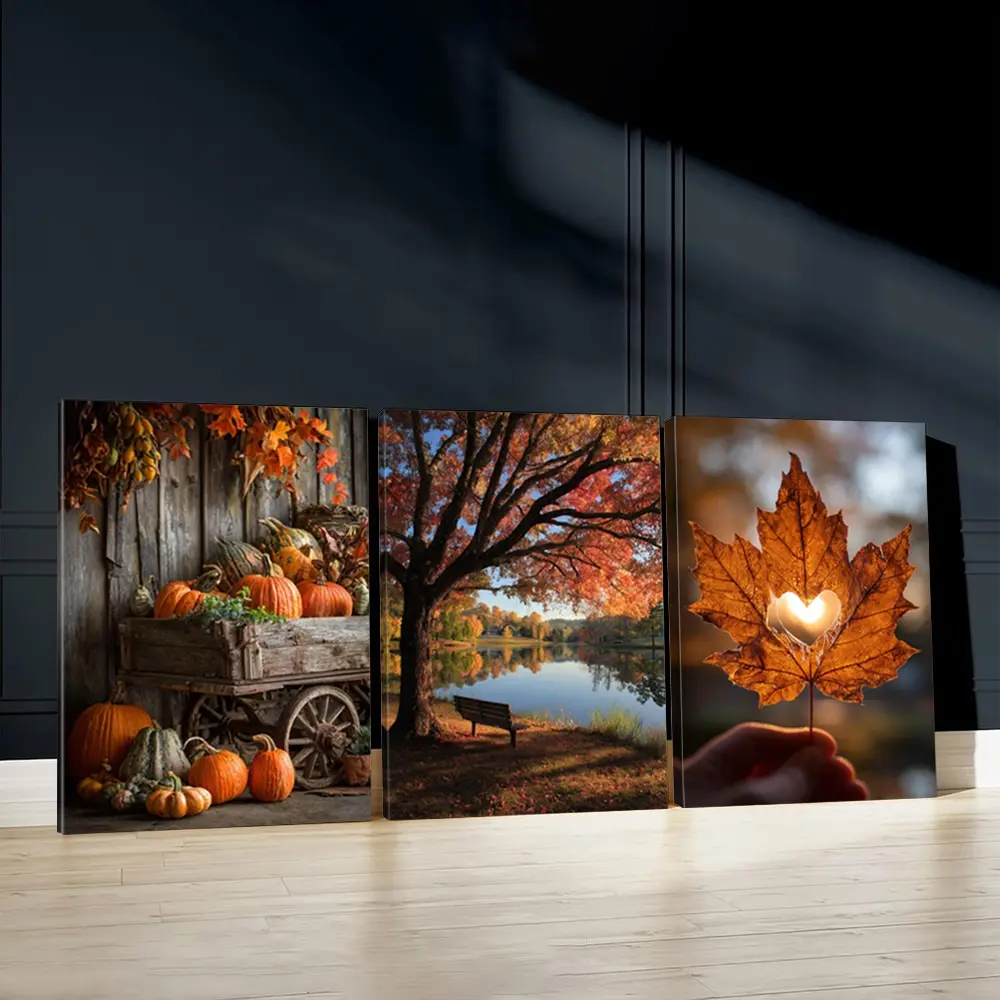 3pcs Autumn Harvest Creative Wall Art, Nature Scenery Poster, Heart Leaf Art Prints, Fall Colors Home Decor, Autumn Wall Paintings, Modern Canvas Posters Wall Arts For Living Room, Restaurant, Kitchen, Bedroom, Housewarming Gift, Modern Home Decoration