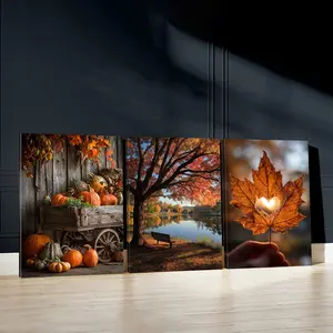 3pcs Autumn Harvest Wall Art, Nature Scenery Poster, Heart Leaf Art Prints, Fall Colors Home Decor, Autumn Wall Paintings, Modern Canvas Posters Wall Arts For Living Room, Restaurant, Kitchen, Bedroom, Housewarming Gift, Modern Home Decoration