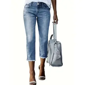 [Stretch Denim Capri Pants] Light Blue Stretch Denim Capri Pants - Mid-Rise, Slim Fit, Embroidered Raw Hem, Casual Style for Spring/Summer/Fall