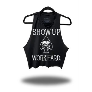 SHOW UP WORK HARD - ROAD RASH BLACK CROP STRINGER