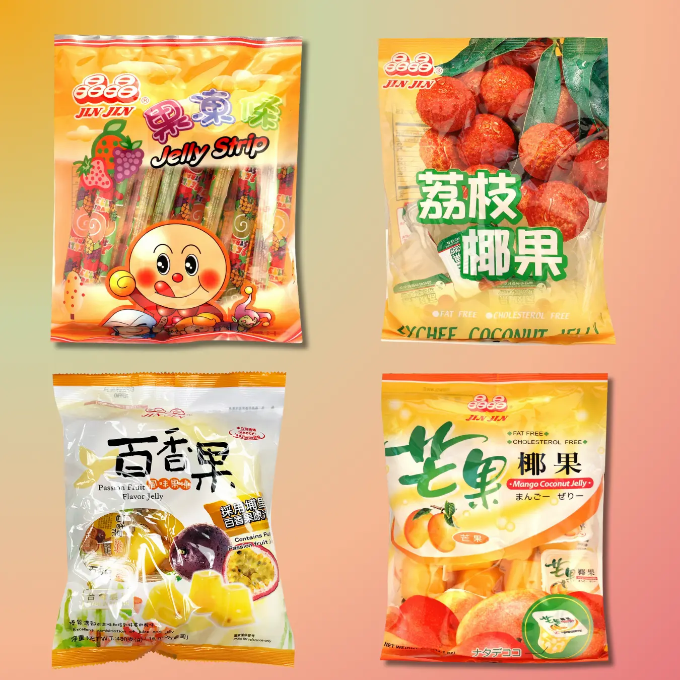 JINJIN Assorted Flavors Jelly - Strip/Bags, Cups, Fruity Fresh Dessert Snack for Adults, Ambient (Lychee, Strawberry, Grape, Apple, Mango, Passionfruit)
