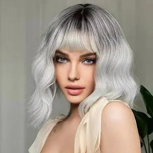 Short Silver Wigs for Women Ombre Grey Wavy Bob Wig with Bangs Medium Length Synthetic Hair Water Wave Dark Roots Wig Gray Colorful Wigs（14 Inches）