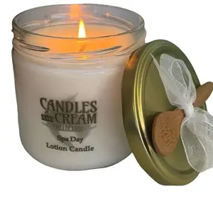10 oz Soy wax Lotion Candle in elegantly decorated glass jar with Bamboo spoon and white bow. Scented Fragrance Hand Aroma