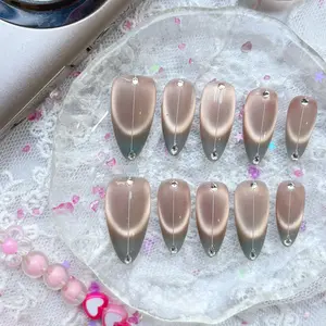 Personalized Stiletto Cat Eye Press On Nails: Gray Ombre Rhinestone Nail Art | Elegant Minimalist Luxury Nail Art Set