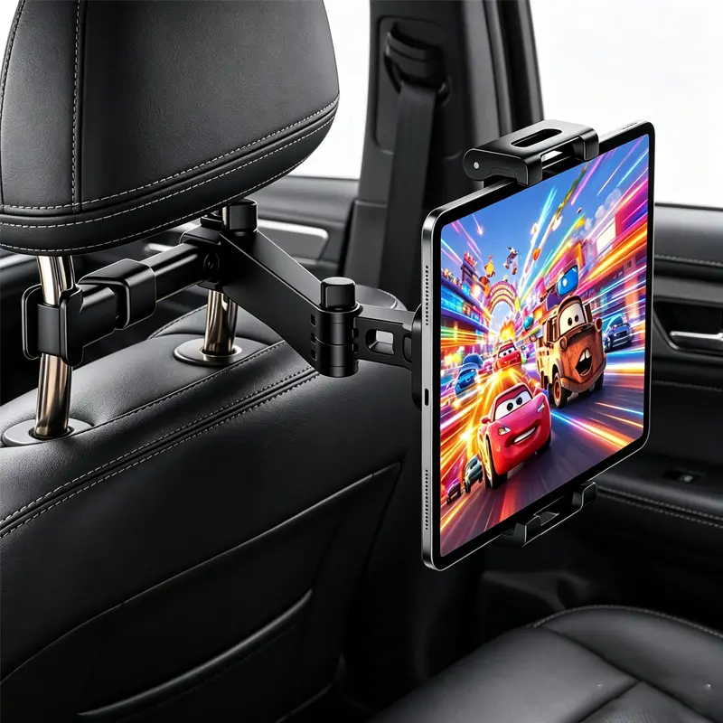 Car Headrest Mount, Telescopic Long Arm Backseat Holder, 360 Degree Adjustable Car Seat Headrest Cradle Compatible with 4.7-11 Inch, Travel Essentials for Kids Rear Passengers