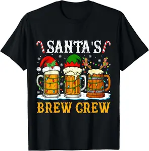 100% Cotton Funny Christmas Santa's Brew n Crew Drinking Party Holiday T-Shirt