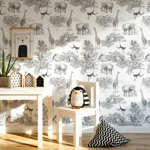 Scandi Jungle Peel & Stick Wallpaper, Removable Giraffe & Monkey Sketch, Renter Friendly, Minimalist Room Decor