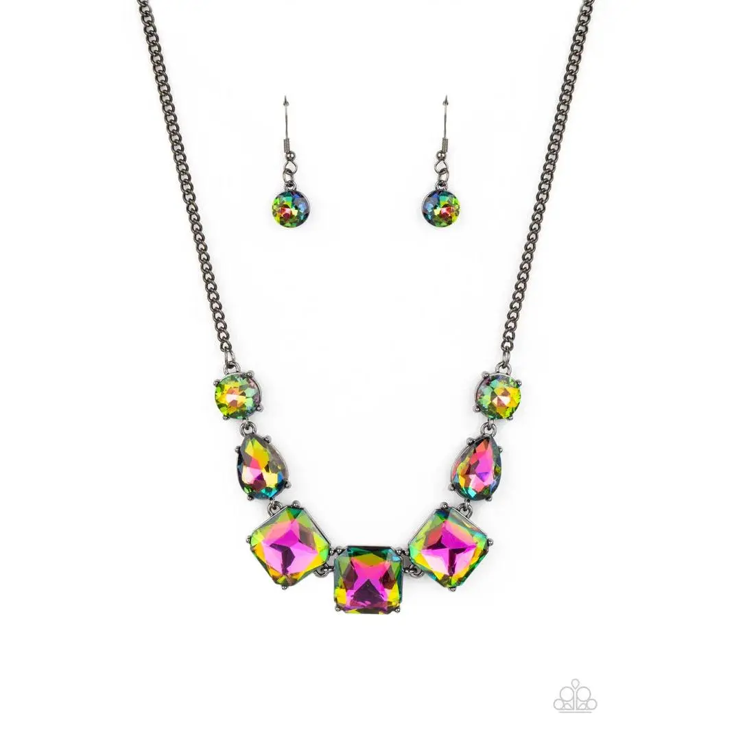 Adjustable Gunmetal Necklace, Trio-Centered Square Gems Unfiltered Confidence Oil Spill Costume Jewelry Accessory