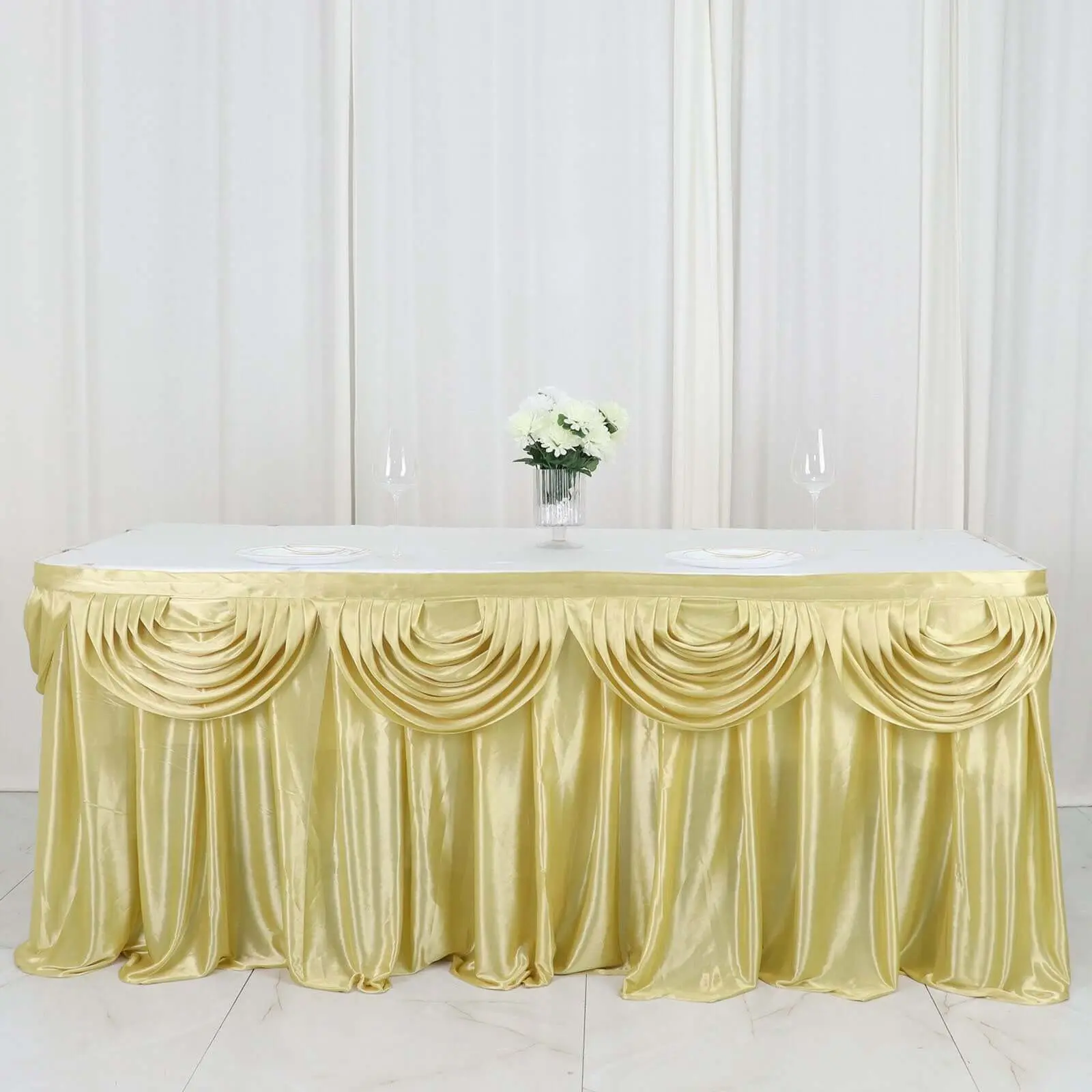 14ft Champagne Satin Pleated Double Drape Rectangular Table Skirt - 3-Sided Machine Washable Outdoor Table Cover, 10-Piece Pleated Drape Set, Modern Elegant Decoration for Weddings, Jewellery Shows Displays