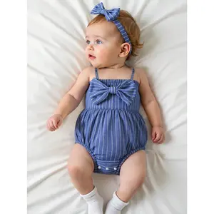 Ready Stock 1-18M Baby Girls' Striped Straps Front Bow Triangle Romper and Matching Headband Set 2Pcs Cute Outfit for Spring/Summer Casual Wear 42503037