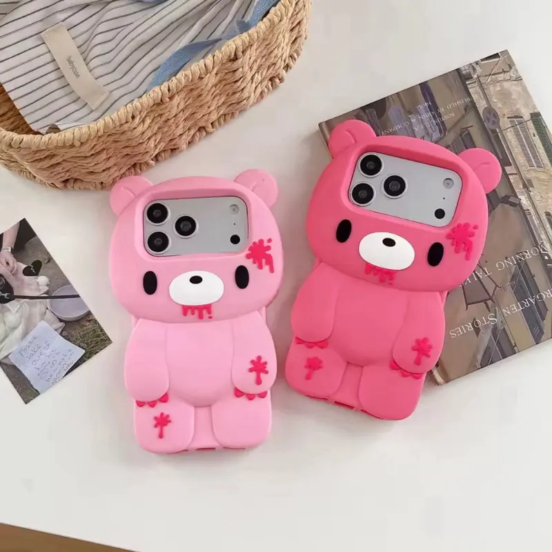 3D Cartoon Cute Blue Unique Gloomy Teddy Kawaii Bloody Design Bear For iPhone 16 Plus 17 Pro Max 15 14 13 12 Pro Max Phone Case Soft Silicone Cover Creepy Cute Gift teen girl