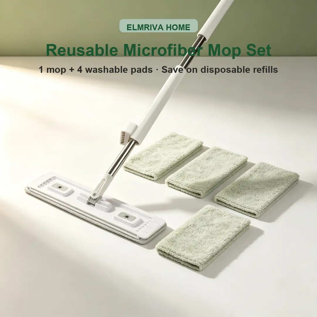 Self-Squeezing Flat Mop Set – 4 Washable Pads, 360° Swivel, Silicone Squeegee for No Hand Wash & Streak-Free Floors