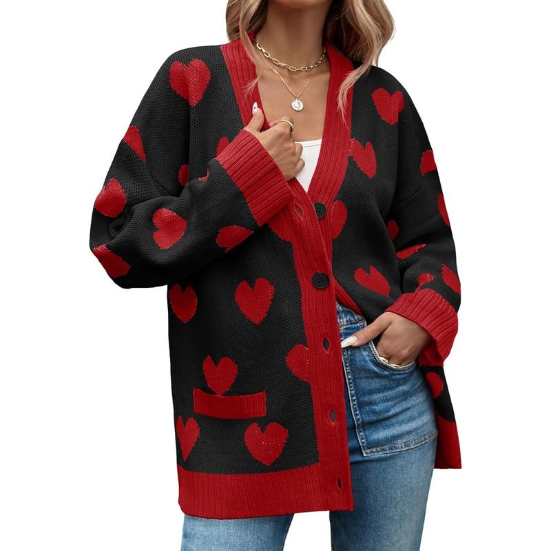 Saodimallsu Womens Oversized Heart Cardigan Color Block V Neck Button Long Sleeve Chunky Valentines Sweaters with Two Pockets & Contrast Trim
