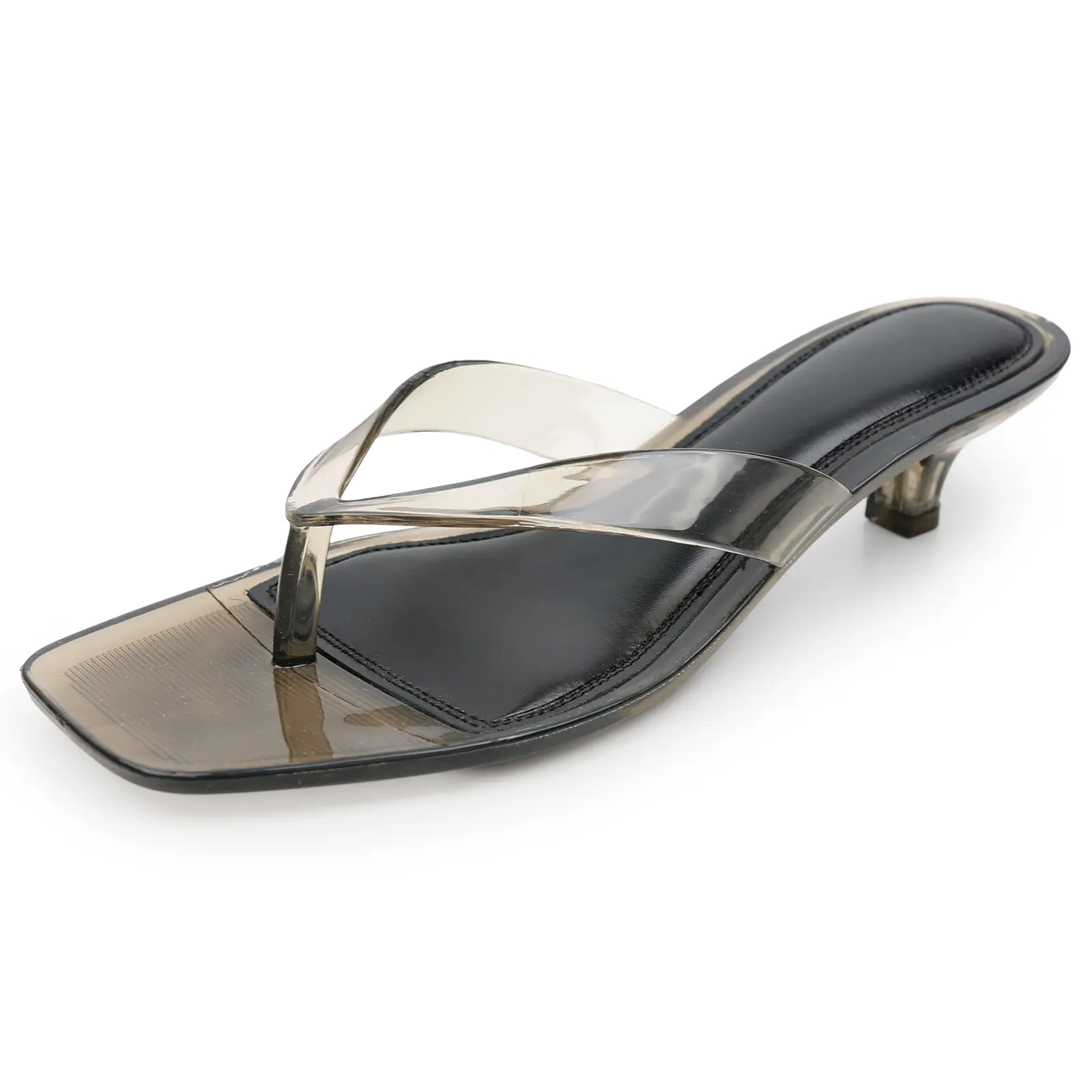 EVELLYHOOTD Women's Jelly Kitten Heel Sandals | Clear PVC Square Toe Thong Mules | Minimalist Slip-On Summer Dress Shoes