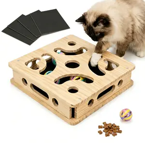 2-in-1 Solid Wood Cat Maze Toy with Built-In Nail Filing Scratcher, Interactive Treat Puzzle Box with Replaceable Sandpaper Pads (3/5 Pack), Indoor Cat Enrichment Toy for Boredom & Furniture Protection