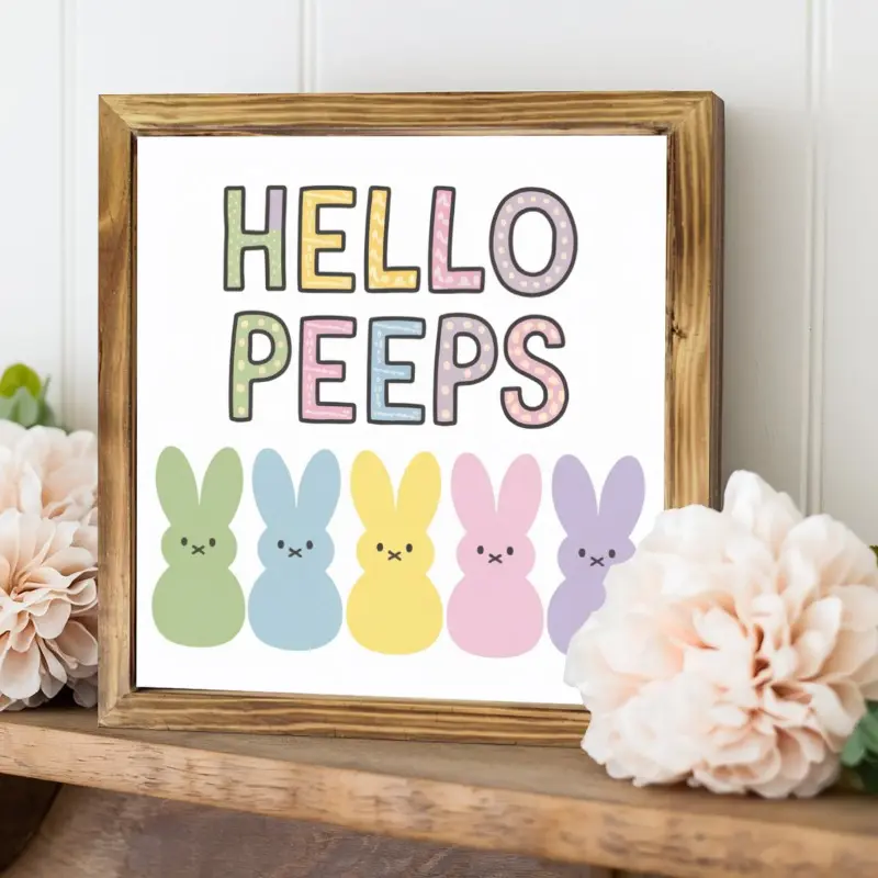 Rustic 8x8 in Iron-Metal Wooden Framed Decorative Hangable Rectangular Sign - 2D Hello Peeps Easter Wall Decor with Colorful Bunnies, Perfect for Kitchen, Farmhouse Home Decor Plaques & Signs