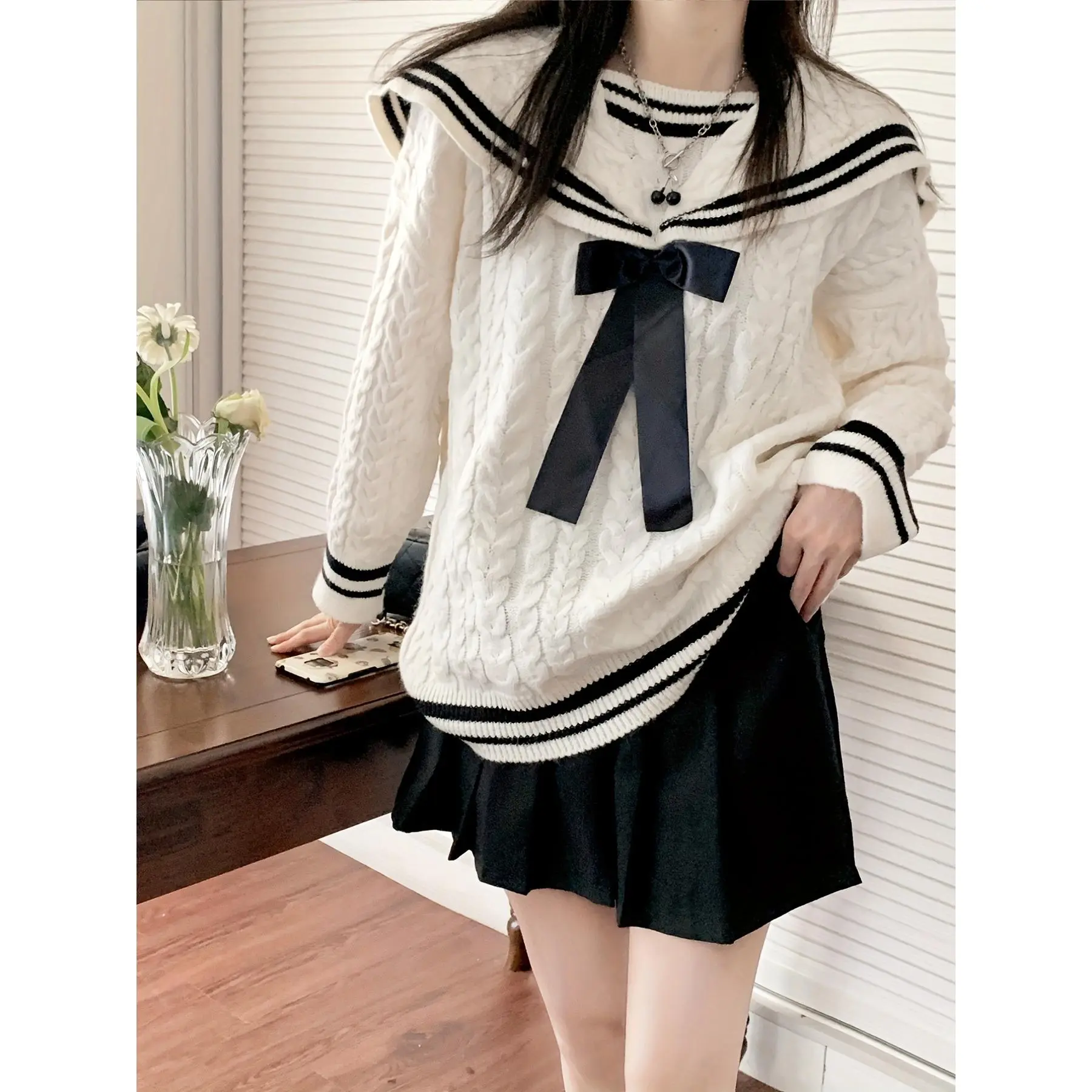 Bow Tie Knit Sweater, Casual Sailor Collar Long Sleeve Sweater For Fall & Winter, Women's Clothing