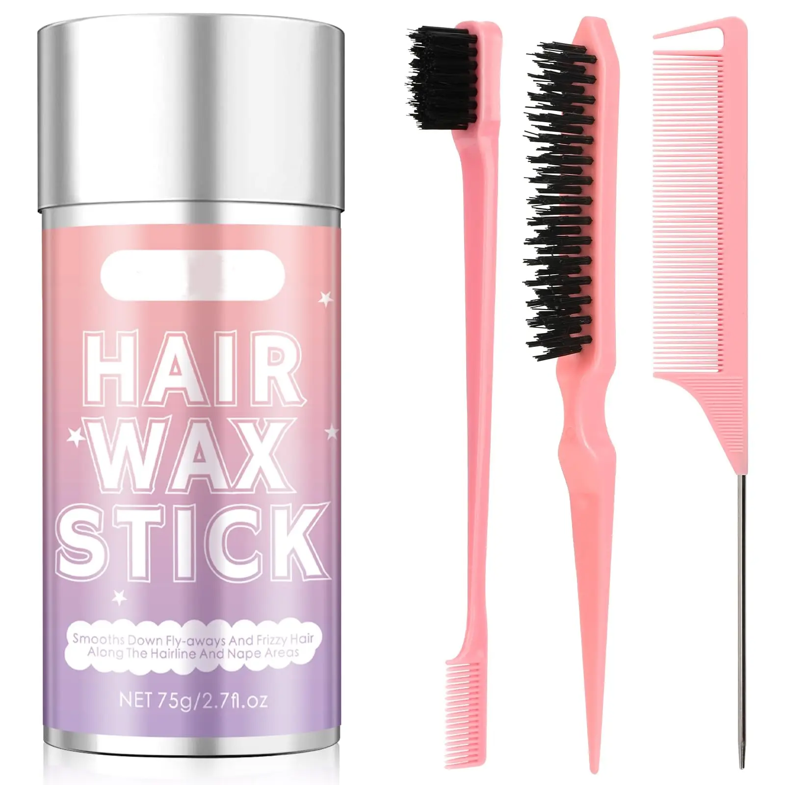 Hair Wax Stick Set Pink 4-in-1 Styling Tool with Edge Brush Hair Brush Rat Tail Comb for Flyaways Women Girls Non-stiff Non-greasy