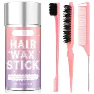 Hair Wax Stick Set Pink 4-in-1 Styling Tool with Edge Brush Hair Brush Rat Tail Comb for Flyaways Women Girls Non-stiff Non-greasy