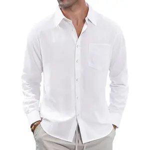 Men's Linen Shirts Casual Button Down Long Sleeve Shirt Solid Spread Collar Summer Beach Shirts with Pocket