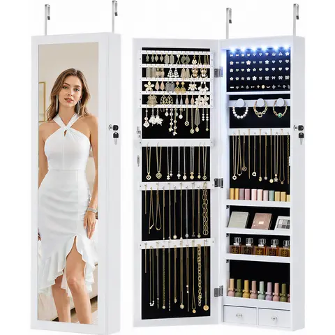 MyDepot Lockable Jewelry Armoire with Mirror - Modern Space-Saving Cabinet Storage, 6 LED Lights, Door/Wall-Hanging Mount, MDF Wood, 2 Drawers, 4 Shelves, Large-Capacity Organizer, 3 AAA Batteries, Assembly Required, Regular Door Compatibility