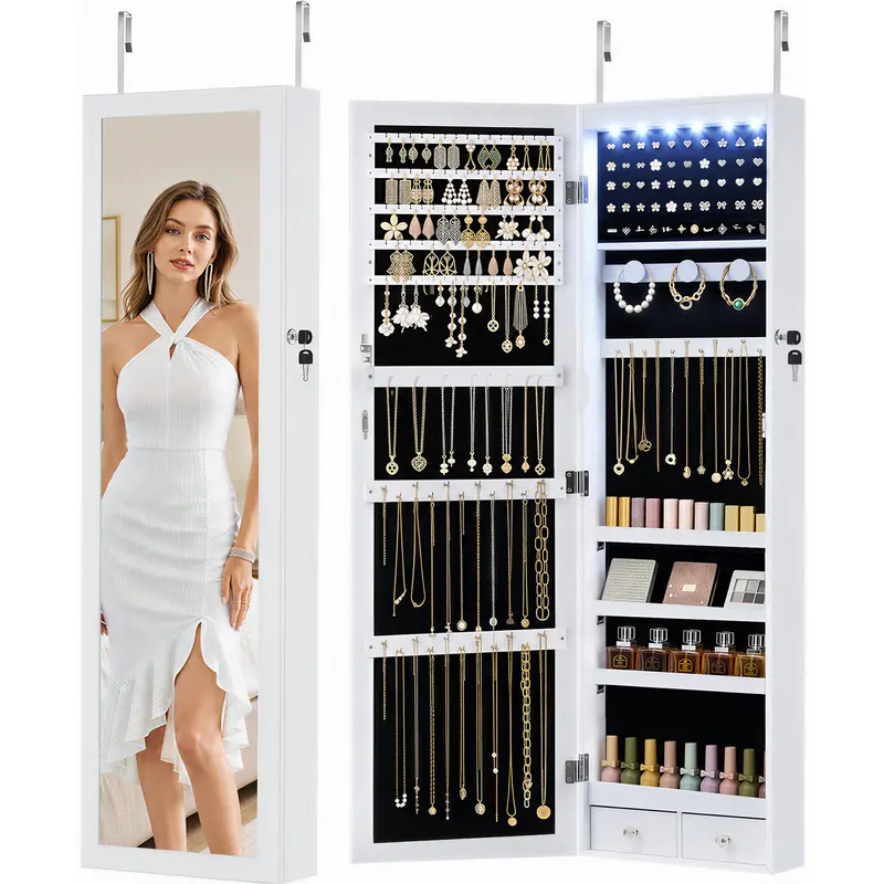 MyDepot Lockable Jewelry Armoire with Mirror - Modern Space-Saving Cabinet Storage, 6 LED Lights, Door/Wall-Hanging Mount, MDF Wood, 2 Drawers, 4 Shelves, Large-Capacity Organizer, 3 AAA Batteries, Assembly Required, Regular Door Compatibility