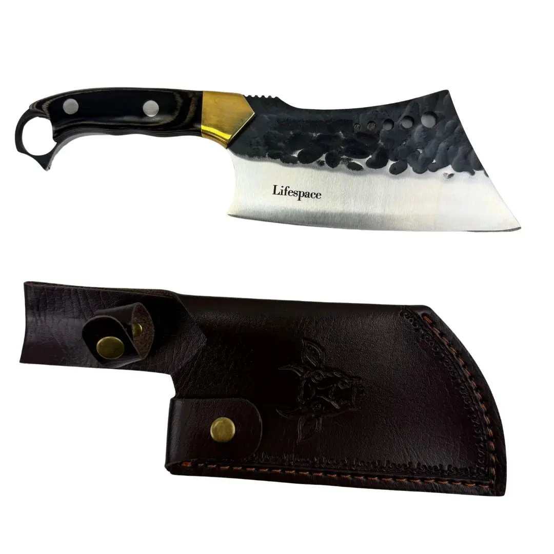 Lifespace 6" Straight Steel Blade Cleaver Knife with Finger Ring, Pakka Wood Handle, Embossed Sheath, Ideal Birthday/Father’s Day/Thanksgiving Gift Idea for Kitchen Garlic Cutting