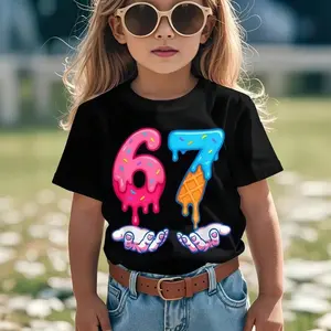 Girls' Funny Six Seven Ice Cream Drip 67 Meme Graphic T-Shirt - GenAlpha Slang Streetwear Style With Number 67 Dripping Ice Cream Design, Round Neck Casual Summer Top For Outfits, Birthday Party & Casual Attire - Comfortable Knit Fabric For G gen alpha