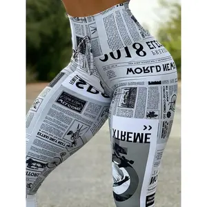 New Trend Women Newspaper Print Butt Lifting Pants 2025 Summer Femme Anime High Waist Skinny Trousers Sporty Lady Clothing