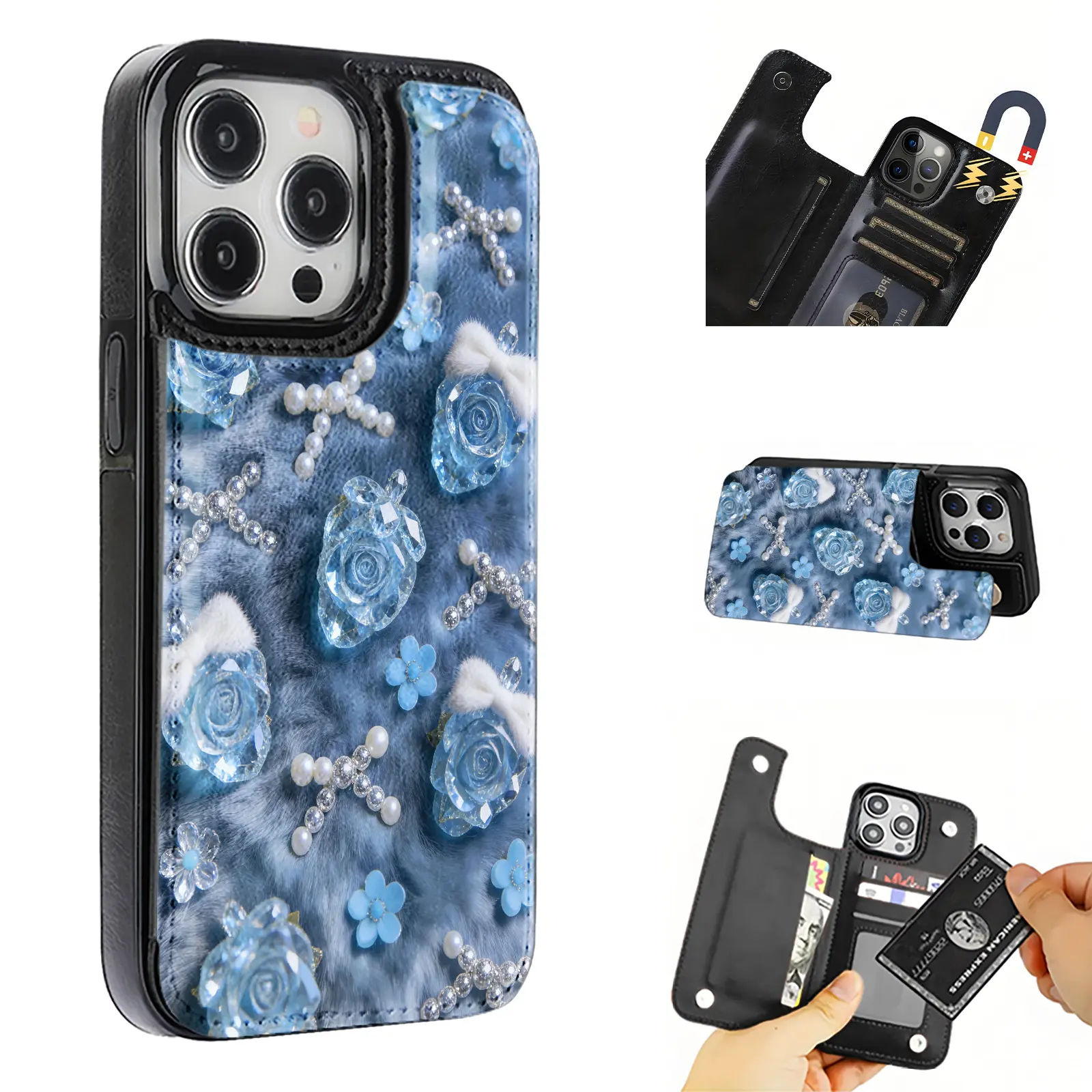 Cool, trendy, fashionable blue pearl fur pattern anti-drop leather card holder phone case,for iPhone 17 Pro Max Phone Case 17 Air 16 15 Plus 14 13 12 , Samsung Galaxy S25 ULTRA FE Plus S22 S23 FE S24 Plus