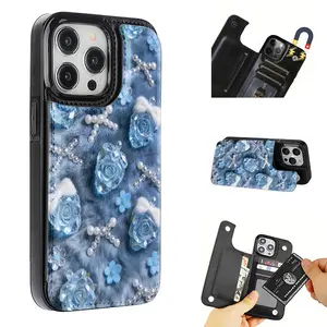 Cool, trendy, fashionable blue pearl fur pattern anti-drop leather card holder phone case,for iPhone 17 Pro Max Phone Case 17 Air 16 15 Plus 14 13 12 , Samsung Galaxy S25 ULTRA FE Plus S22 S23 FE S24 Plus