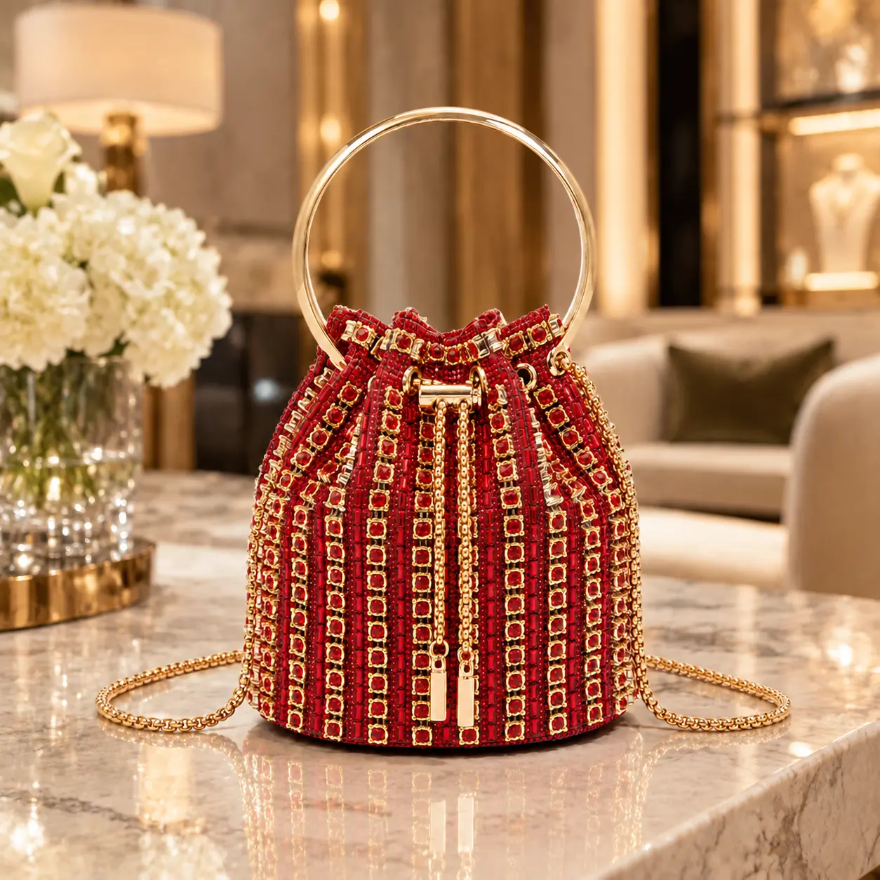 Women Red Rhinestone Bucket Handbag, Drawstring Mini Purse with Gold Metal Ring Top Handle and Detachable Chain Strap, Evening Crossbody Shoulder Bag for Wedding Prom Night Out